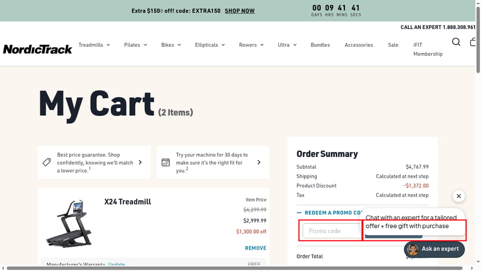 NordicTrack checkout page showing the Promo code field and Apply button