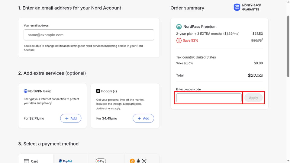 NordPass checkout page showing the Enter coupon code field and Apply button