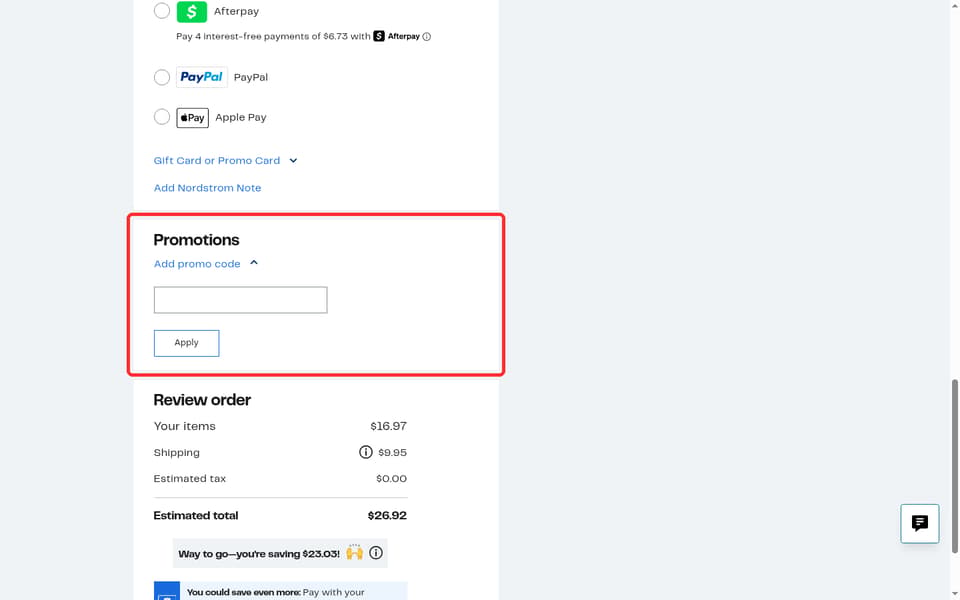 Nordstrom Rack checkout page showing the Add promo code field and Apply button