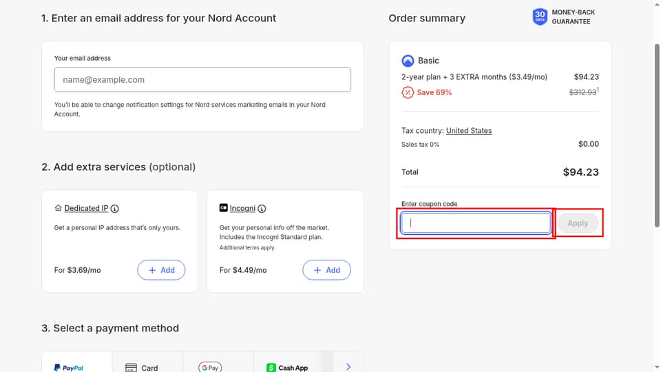 NordVPN checkout page showing the Enter coupon code field and Apply button