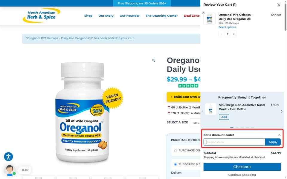 North American Herb & Spice checkout page showing the Coupon Code field and Apply button