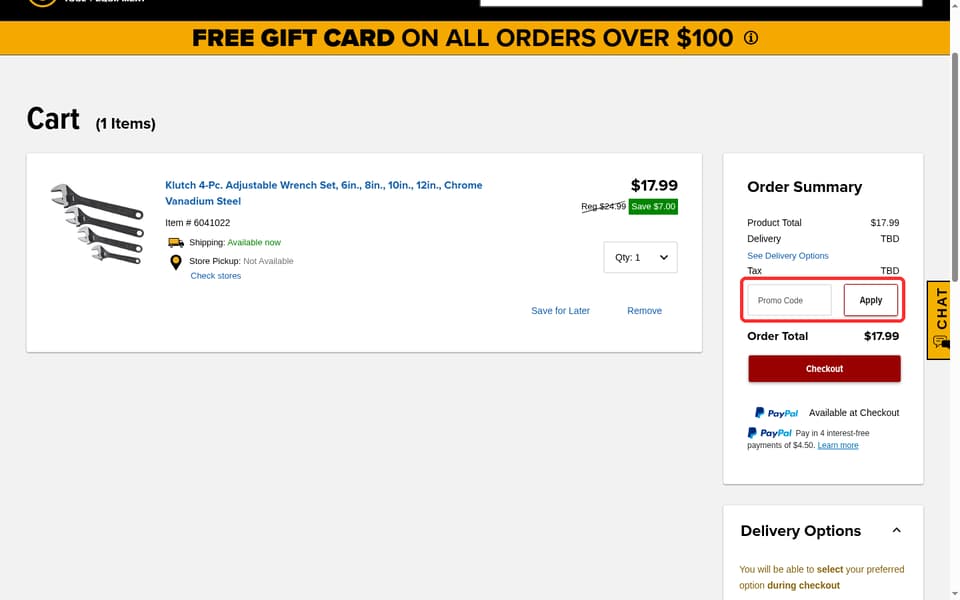 Northern Tool checkout page showing the Promo Code field and Apply button