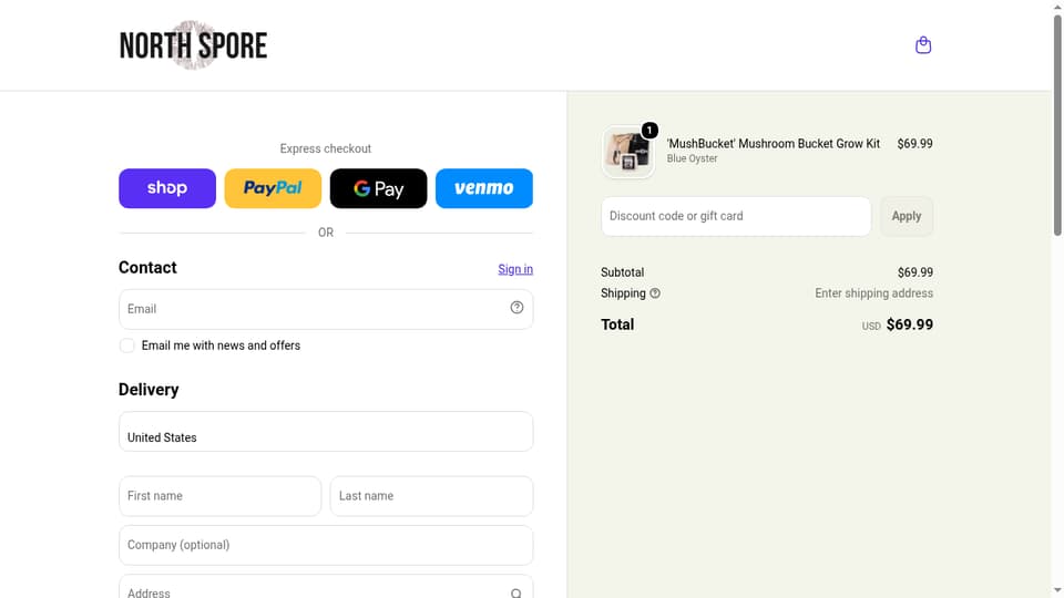 North Spore checkout page showing the Discount code or gift card field and Apply button