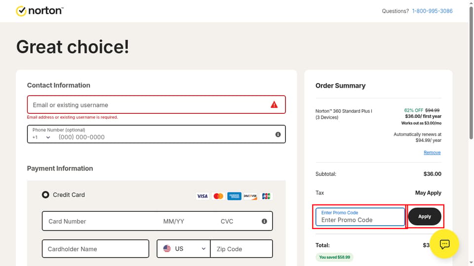 Norton checkout page showing the Enter Promo Code field and Apply button