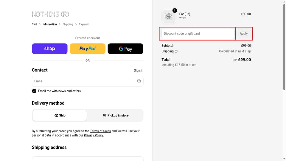 Nothing checkout page showing the Discount code or gift card field and Apply button