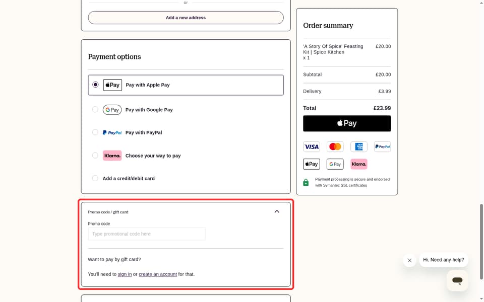 Not On The High Street checkout page showing the Type promotional code here field and Apply button