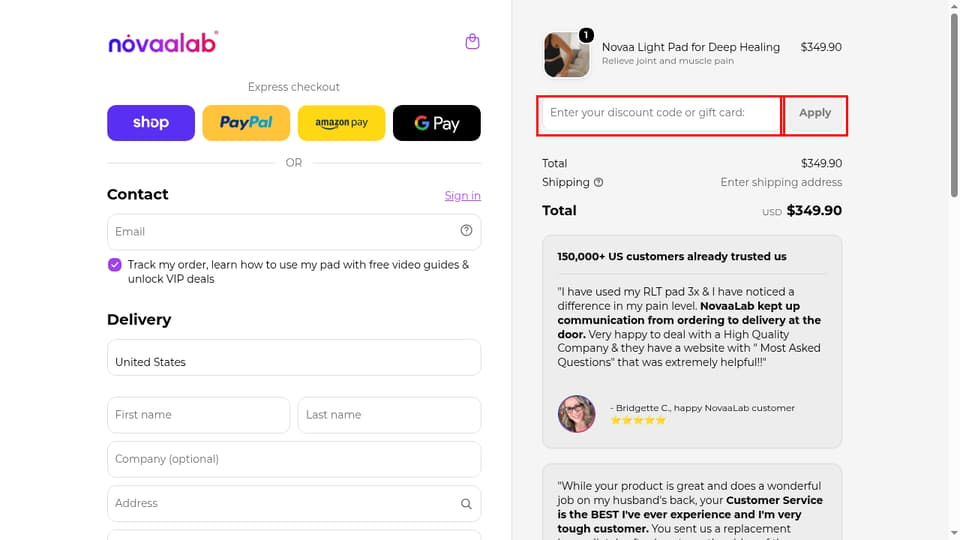 NovaaLab checkout page showing the Enter your discount code or gift card: field and Apply button