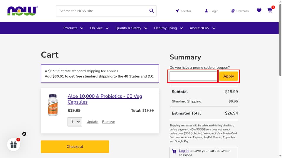 NOW Foods checkout page showing the Do you have a promo code or coupon? field and Apply button
