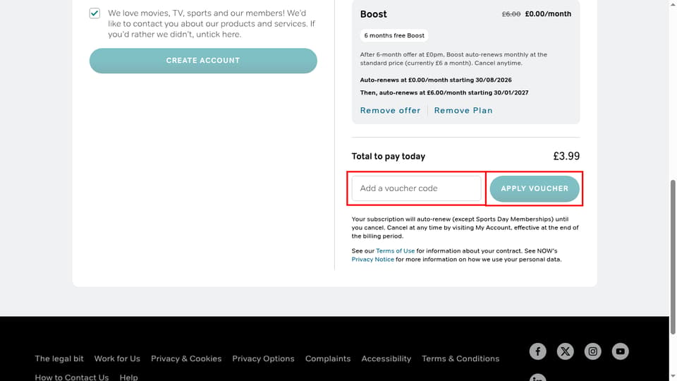 NOW checkout page showing the Add a voucher code field and Apply voucher button