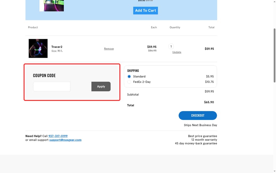Noxgear checkout page showing the Enter discount code: field and Apply button