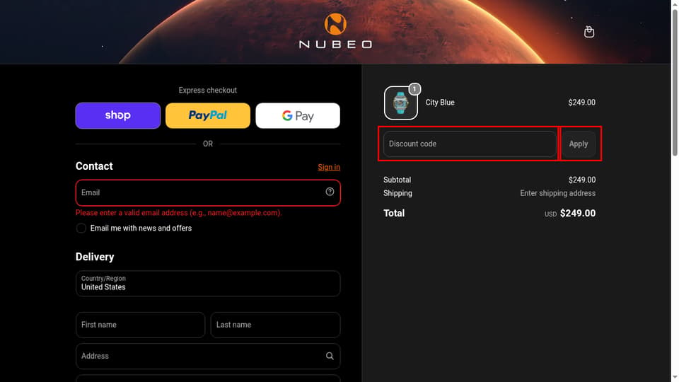 Nubeo Watches checkout page showing the Discount code field and Apply button