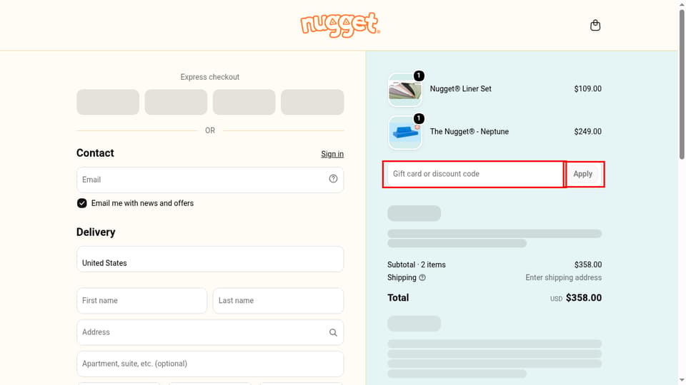Nugget checkout page showing the Gift card or discount code field and Apply button