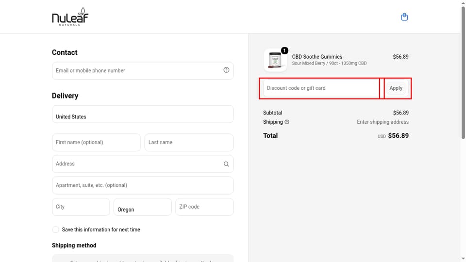NuLeaf Naturals checkout page showing the Discount code or gift card field and Apply button