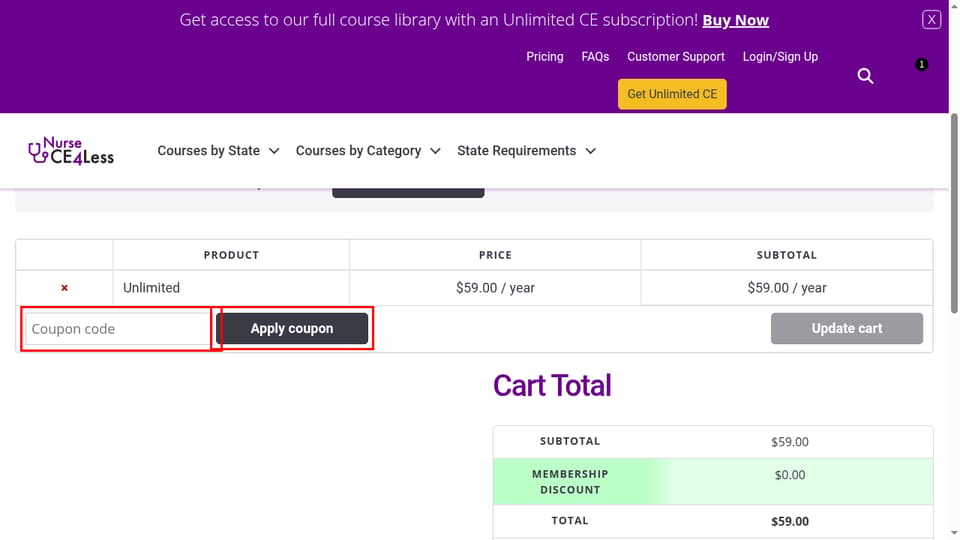 NurseCE4Less checkout page showing the Coupon code field and Apply coupon button