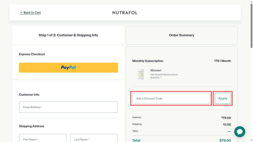 Nutrafol checkout page showing the Add a Discount Code field and Apply button
