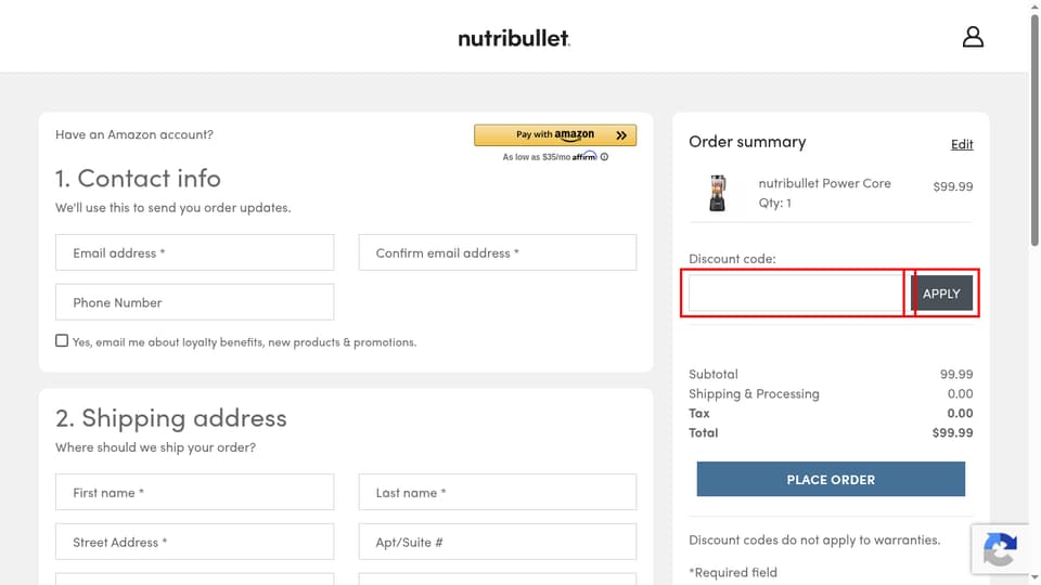 NutriBullet checkout page showing the Enter Discount Code field and APPLY button