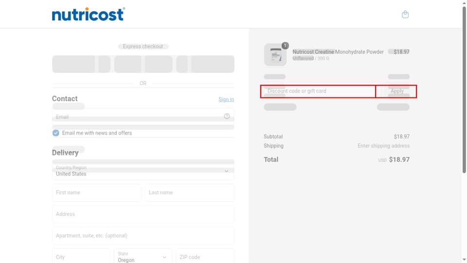 Nutricost checkout page showing the Discount code or gift card field and Apply button