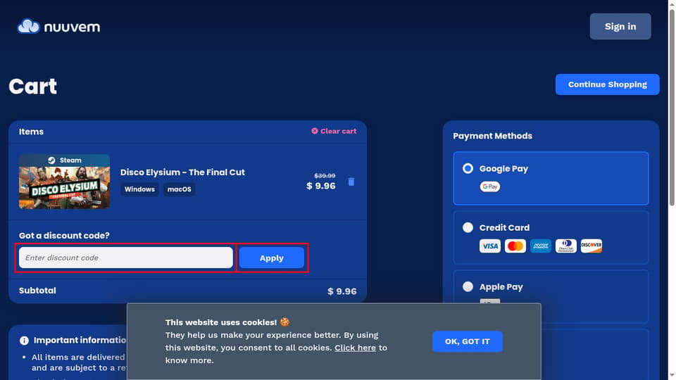 Nuuvem checkout page showing the Enter discount code field and Apply button
