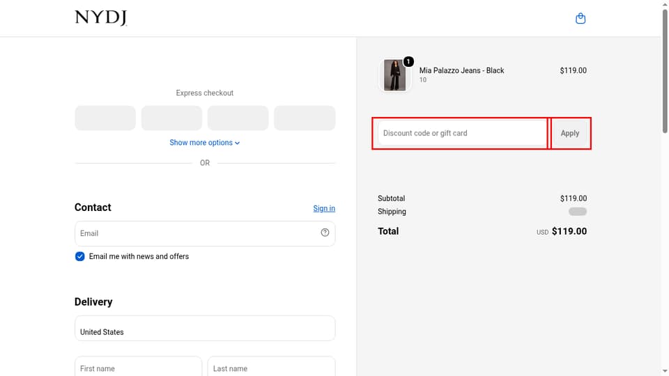 NYDJ checkout page showing the Discount code or gift card field and Apply button