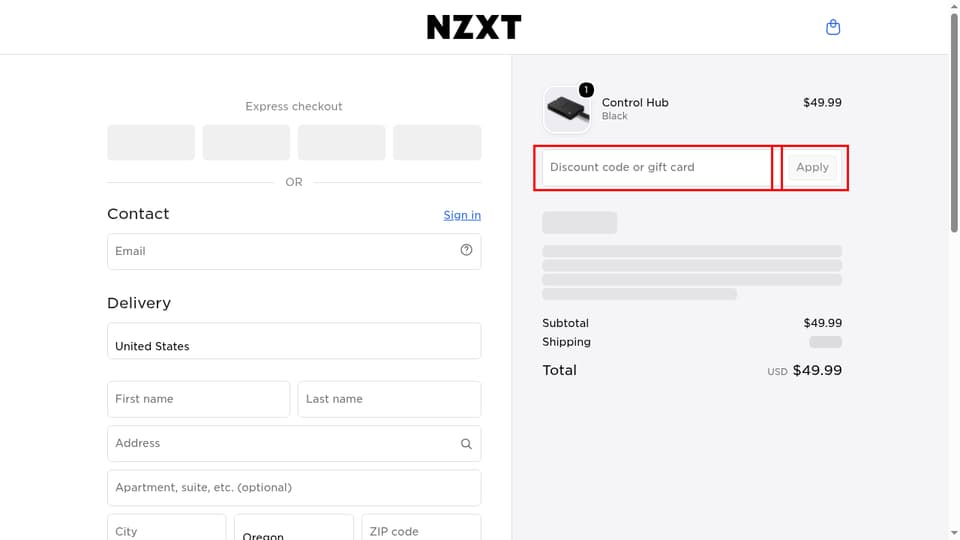 NZXT checkout page showing the Discount code or gift card field and Apply button