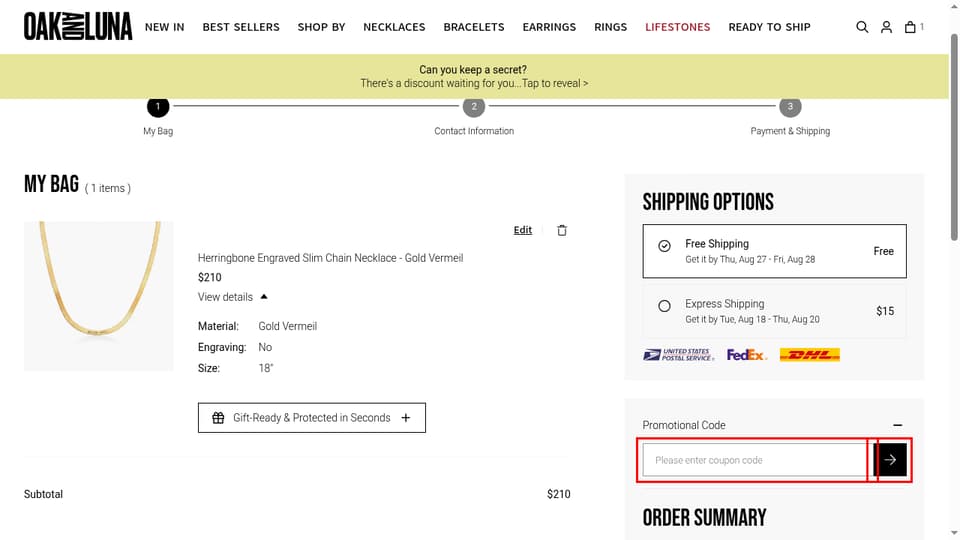 Oak & Luna checkout page showing the Please enter coupon code field and Apply button