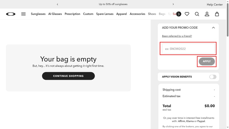 Oakley checkout page showing the ex: SNOW2022 field and Apply button