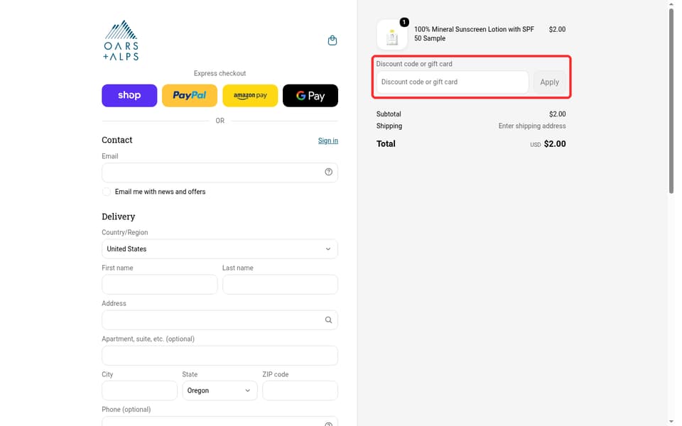 Oars + Alps checkout page showing the Discount code or gift card field and Apply button