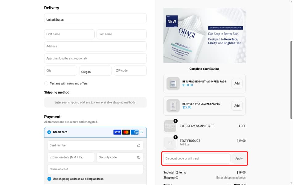Obagi checkout page showing the Discount code or gift card field and Apply button