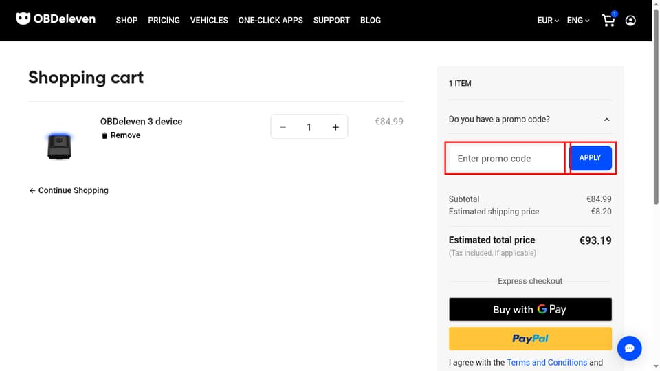 OBDeleven checkout page showing the Enter promo code field and Apply button