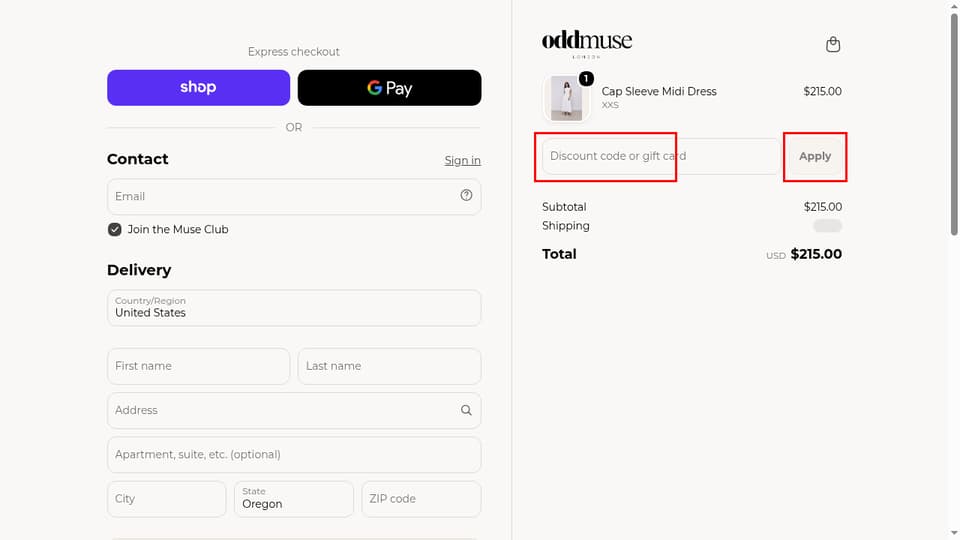 Odd Muse checkout page showing the Discount code or gift card field and Apply button