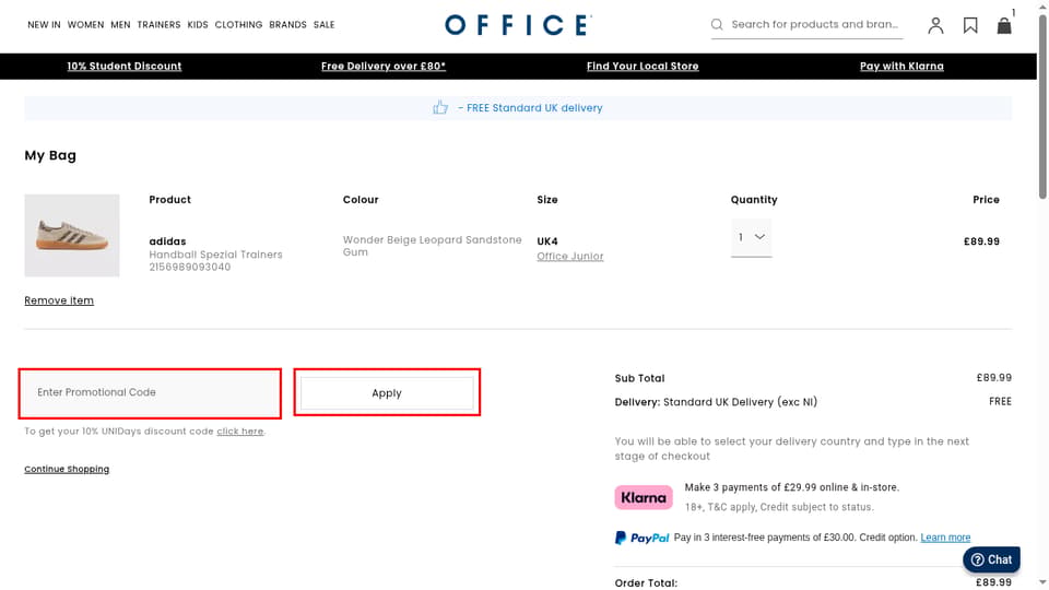 OFFICE checkout page showing the Enter Promotional Code field and Apply button