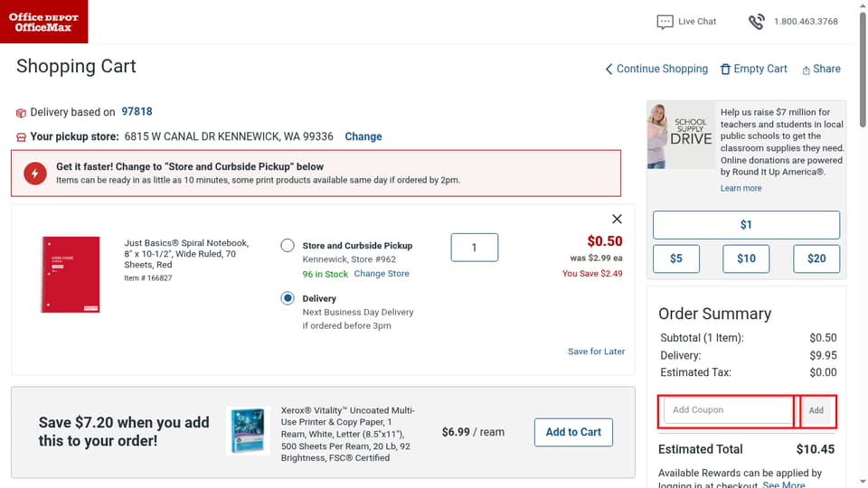 Office Depot checkout page showing the Add Coupon field and Add button