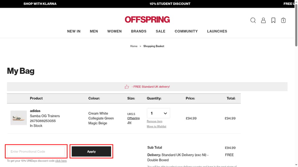 OFFSPRING checkout page showing the Enter Promotional Code field and Apply button