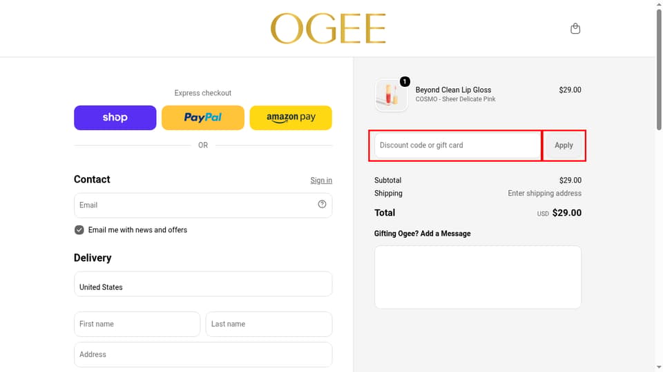 Ogee checkout page showing the Discount code or gift card field and Apply button
