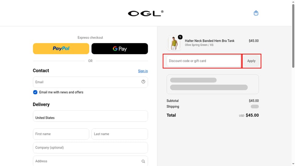 OGLmove checkout page showing the Discount code or gift card field and Apply button