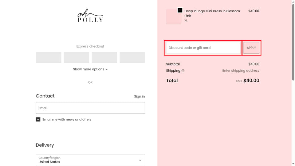 Oh Polly checkout page showing the Discount code or gift card field and Apply button