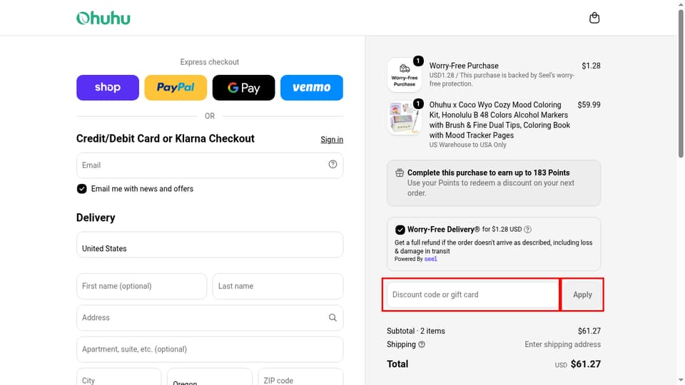 Ohuhu checkout page showing the Discount code or gift card field and Apply button