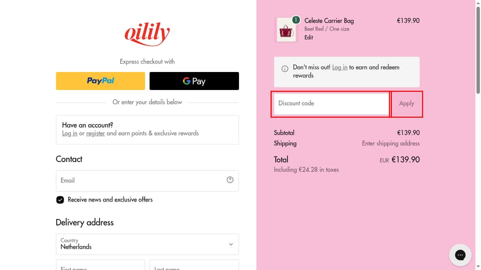 Oilily checkout page showing the Discount code field and Apply button