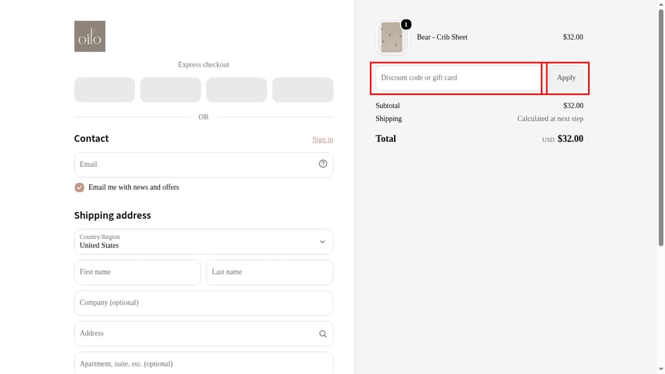 Oilo Studio checkout page showing the Discount code or gift card field and Apply button