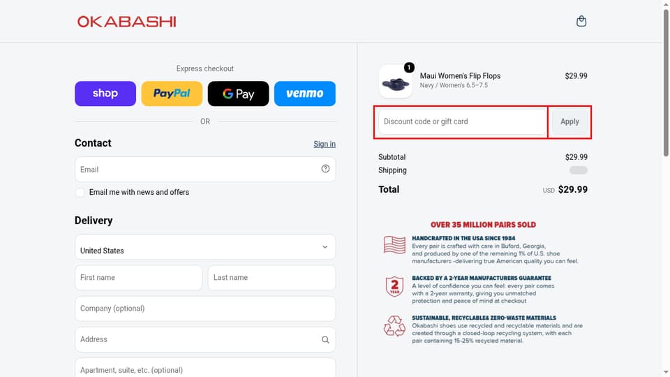 Okabashi checkout page showing the Discount code or gift card field and Apply button