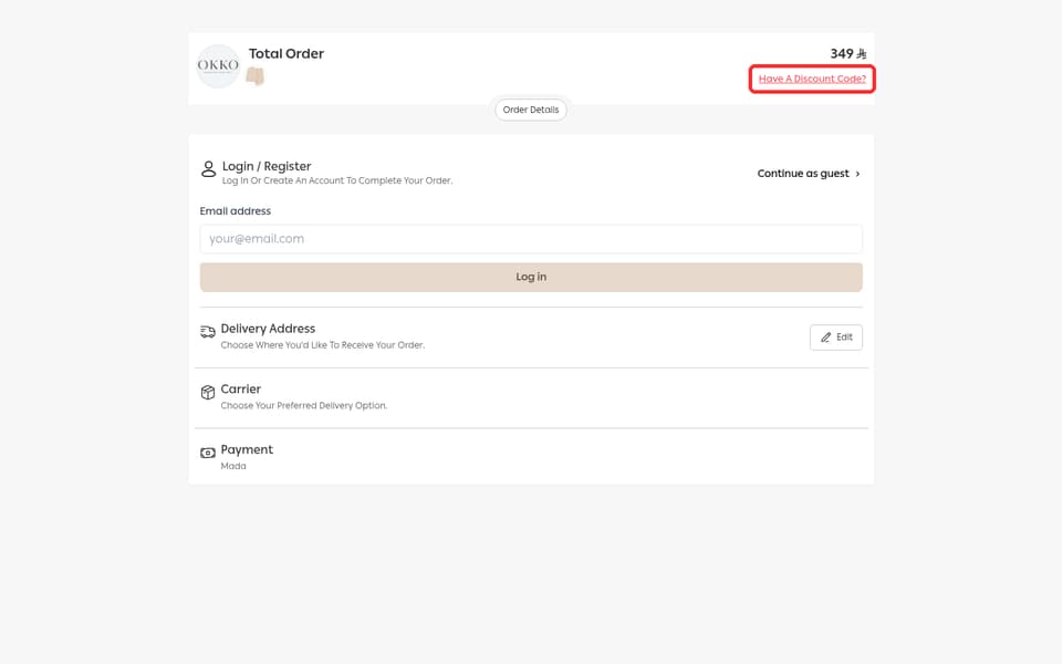 Okko checkout page showing the Enter coupon code field and Apply button