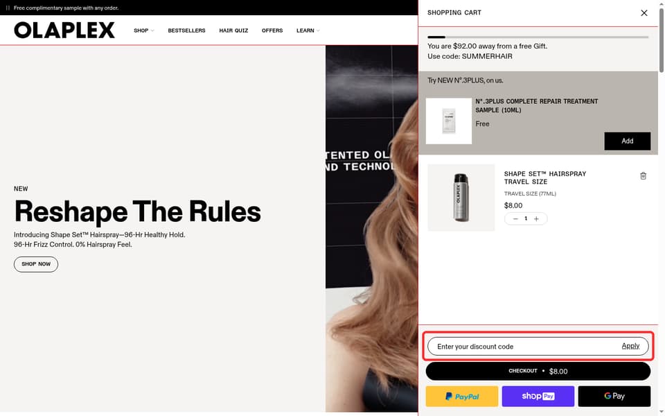 OLAPLEX checkout page showing the Enter your discount code field and Apply button