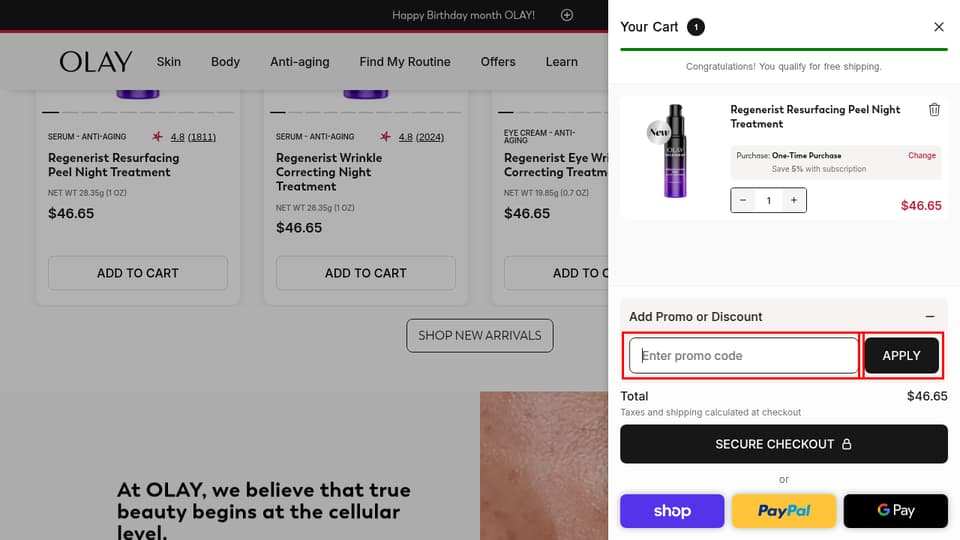 Olay checkout page showing the Enter promo code field and apply button