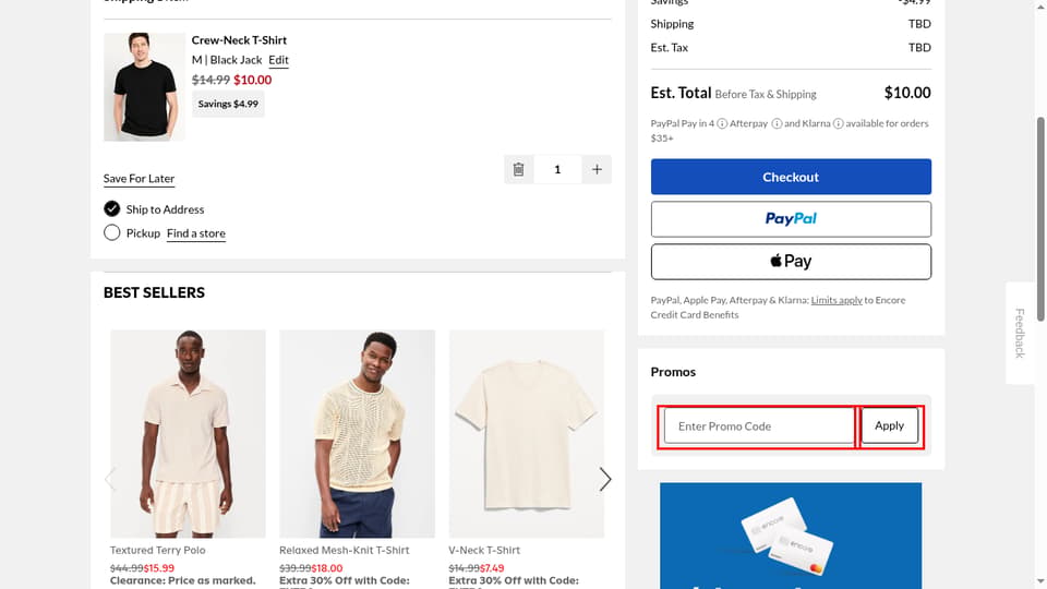 Old Navy checkout page showing the Enter Promo Code field and Apply button