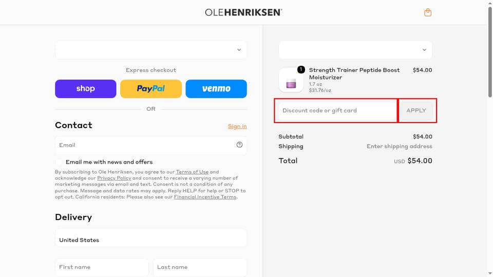 Ole Henriksen checkout page showing the Discount code or gift card field and Apply button