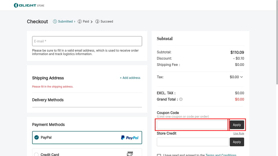 Olight checkout page showing the Coupon Code field and Apply button