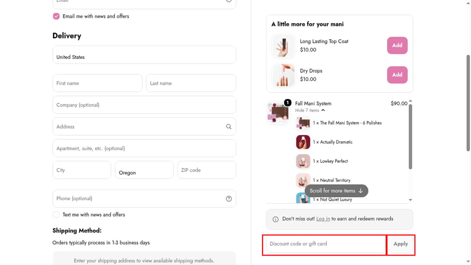 Olive & June checkout page showing the Discount code or gift card field and Apply button