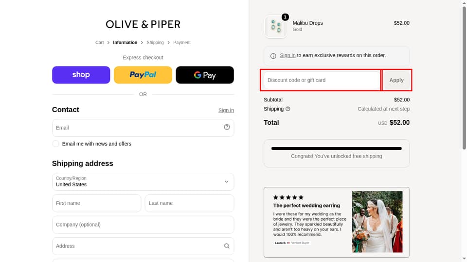 Olive & Piper checkout page showing the Discount code or gift card field and Apply button