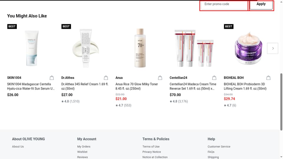 OLIVE YOUNG checkout page showing the Enter promo code field and Apply button
