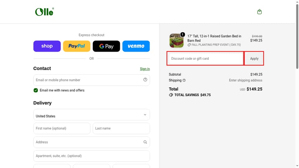 Olle Gardens checkout page showing the Discount code or gift card field and Apply button